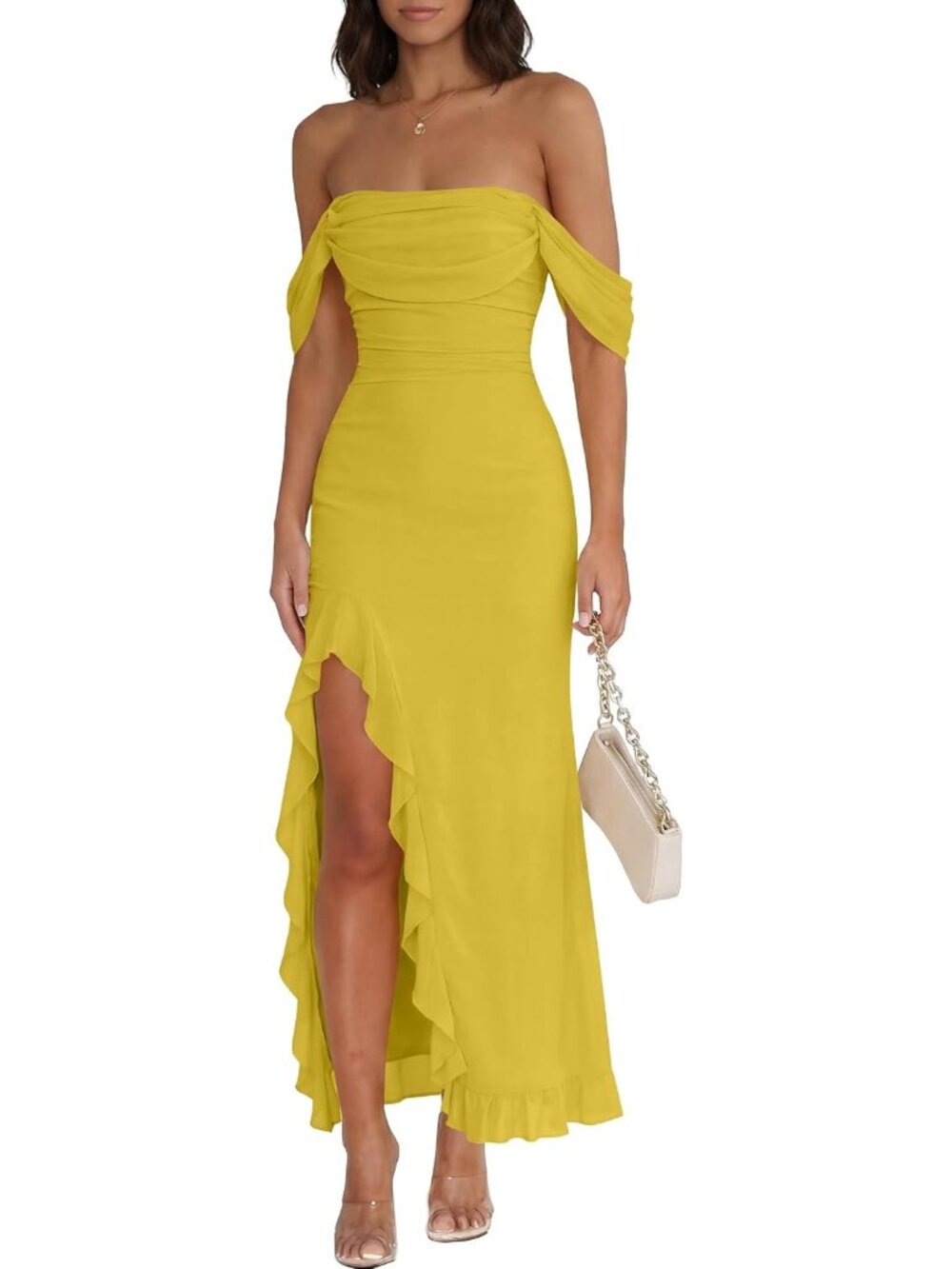 Women's Yellow Off Shoulder Bodycon Backless Sleeveless Wedding Guest Maxi Dress